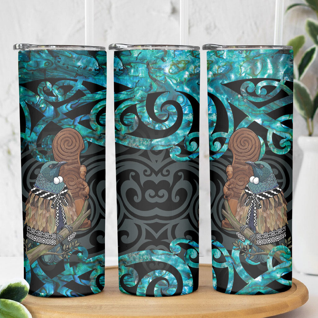 New Zealand Tui Bird Wahaika Skinny Tumbler Maori Weapon Paua Shell Koru Pattern