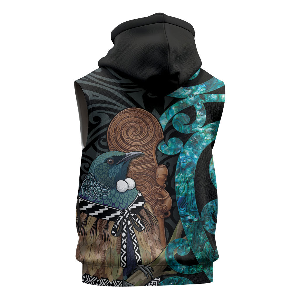New Zealand Tui Bird Wahaika Sleeveless Hoodie Maori Weapon Paua Shell Koru Pattern