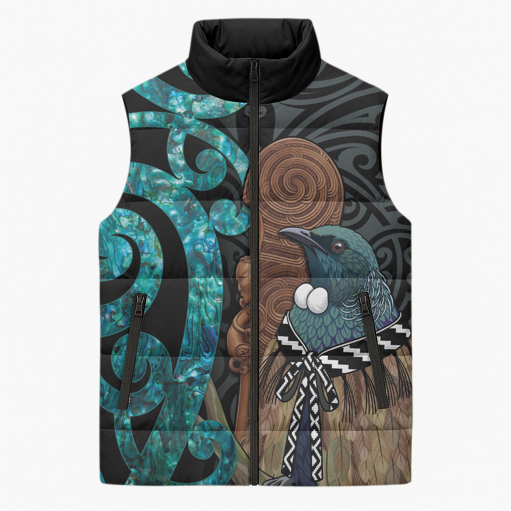 New Zealand Tui Bird Wahaika Sleeveless Puffer Jacket Maori Weapon Paua Shell Koru Pattern