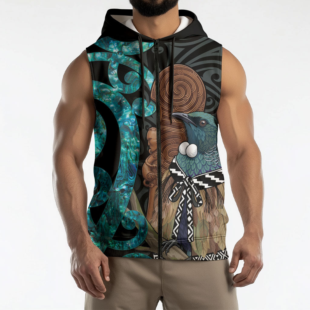 New Zealand Tui Bird Wahaika Sleeveless Zip Hoodie Maori Weapon Paua Shell Koru Pattern