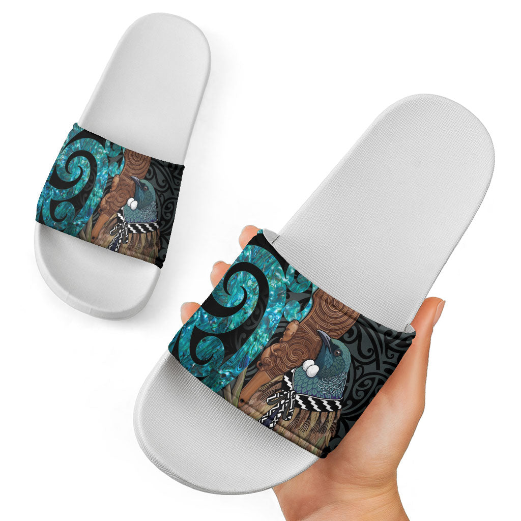 New Zealand Tui Bird Wahaika Slide Sandals Maori Weapon Paua Shell Koru Pattern