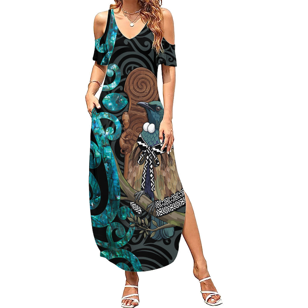 New Zealand Tui Bird Wahaika Summer Maxi Dress Maori Weapon Paua Shell Koru Pattern LT22 Women Black - Polynesian Pride