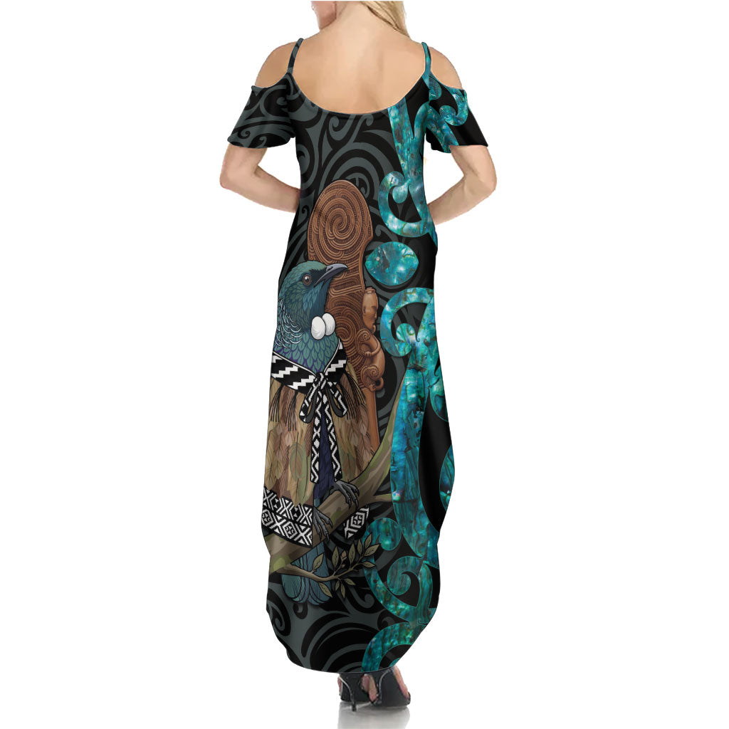 New Zealand Tui Bird Wahaika Summer Maxi Dress Maori Weapon Paua Shell Koru Pattern
