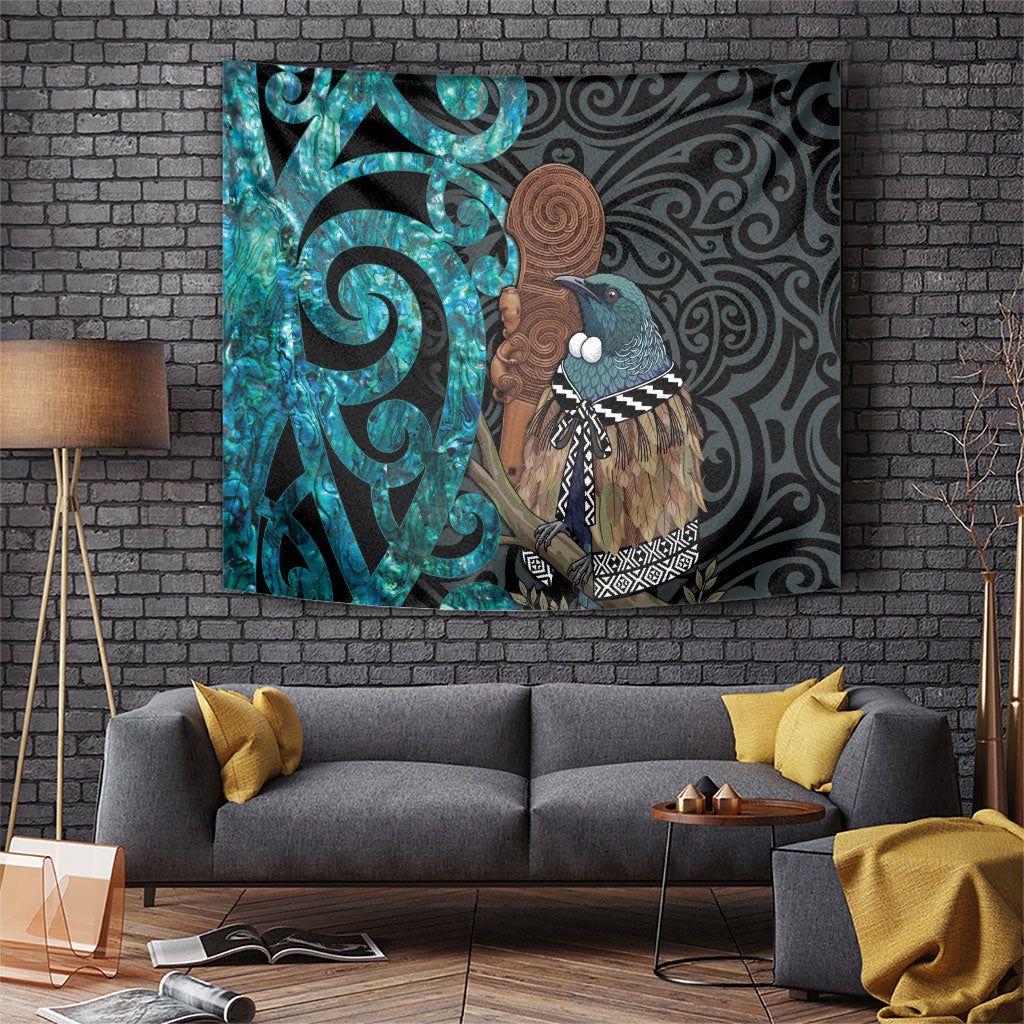 New Zealand Tui Bird Wahaika Tapestry Maori Weapon Paua Shell Koru Pattern