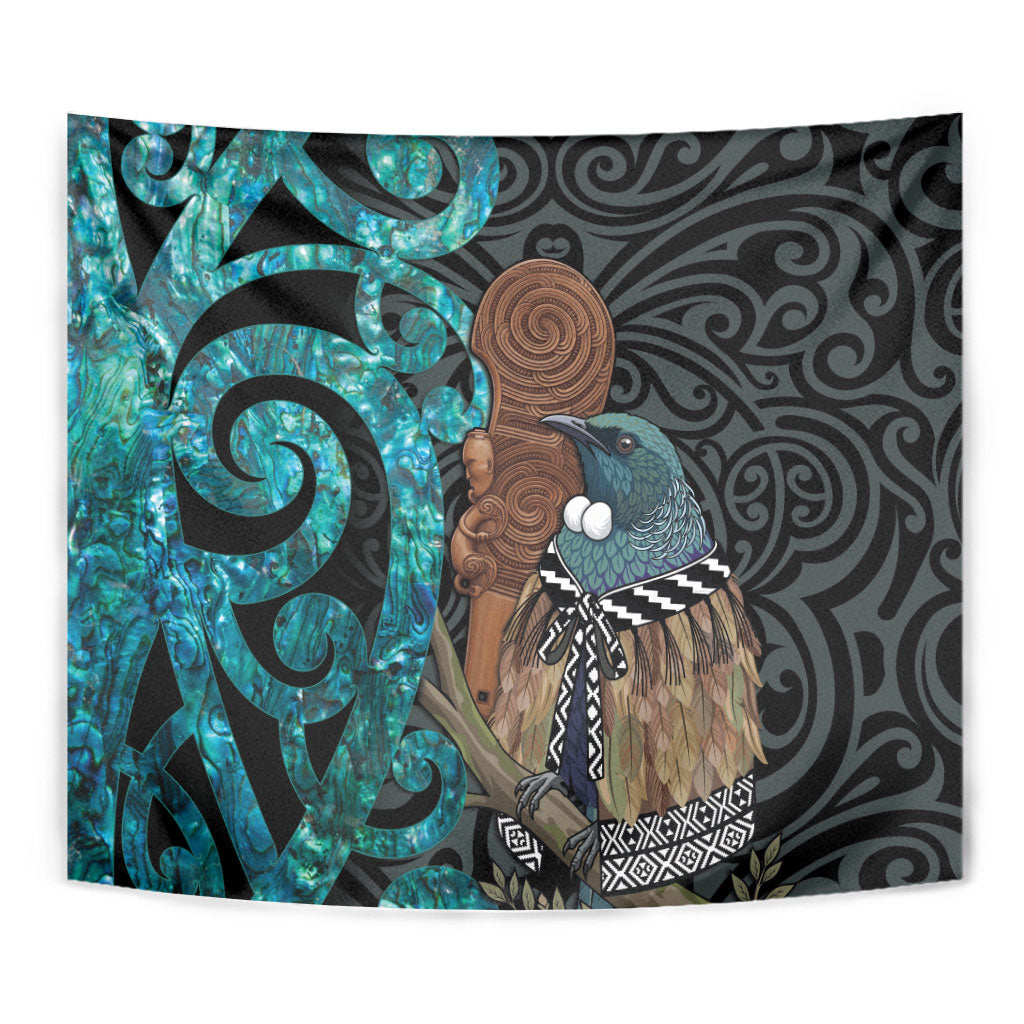 New Zealand Tui Bird Wahaika Tapestry Maori Weapon Paua Shell Koru Pattern