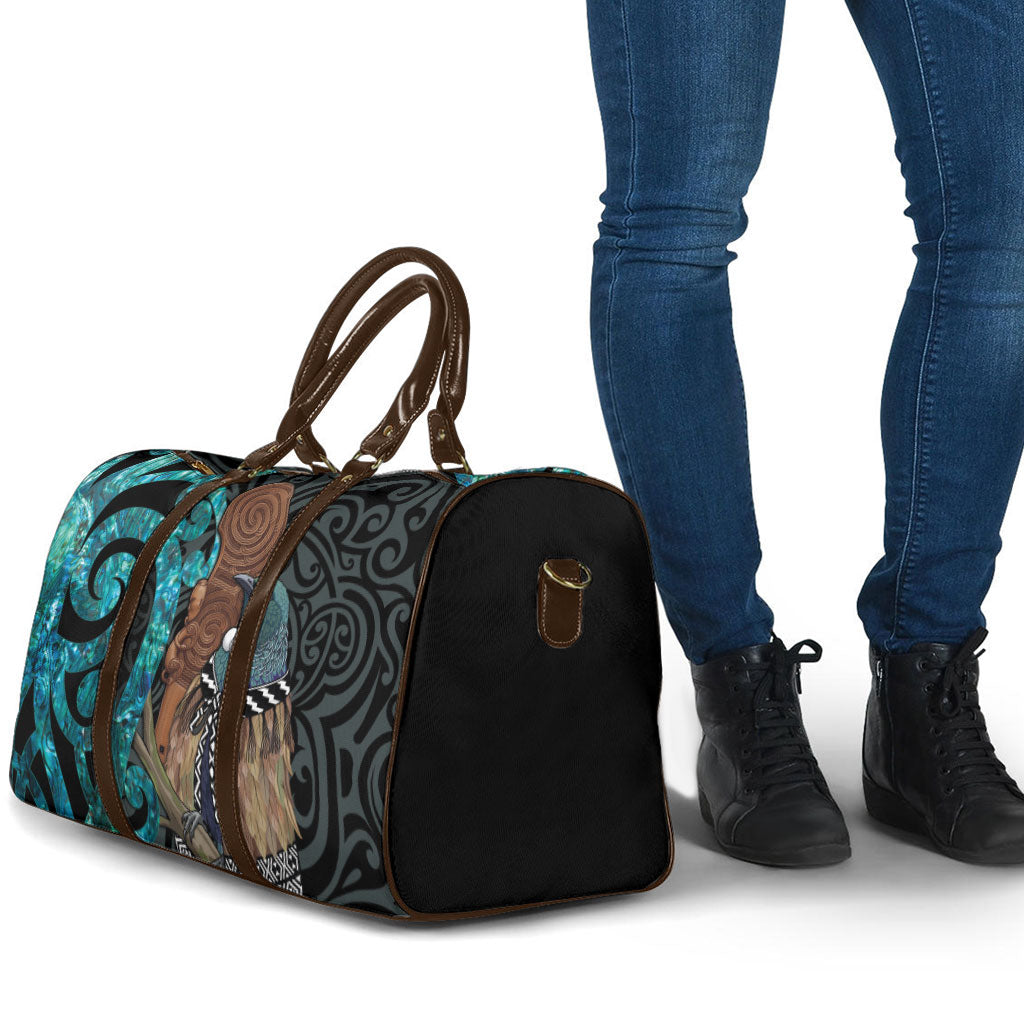 New Zealand Tui Bird Wahaika Travel Bag Maori Weapon Paua Shell Koru Pattern