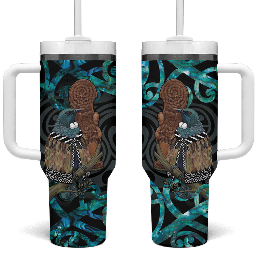 New Zealand Tui Bird Wahaika Tumbler With Handle Maori Weapon Paua Shell Koru Pattern LT22 One Size: 40 oz Black - Polynesian Pride