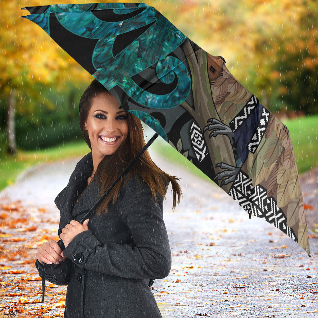 New Zealand Tui Bird Wahaika Umbrella Maori Weapon Paua Shell Koru Pattern