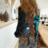 New Zealand Tui Bird Wahaika Women Casual Shirt Maori Weapon Paua Shell Koru Pattern