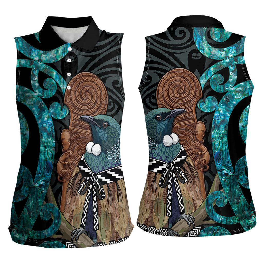 New Zealand Tui Bird Wahaika Women Sleeveless Polo Shirt Maori Weapon Paua Shell Koru Pattern
