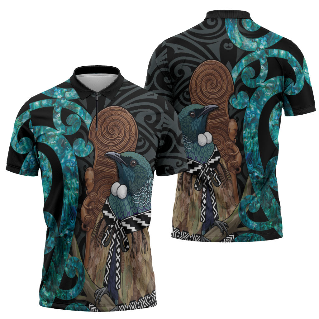 New Zealand Tui Bird Wahaika Zipper Polo Shirt Maori Weapon Paua Shell Koru Pattern