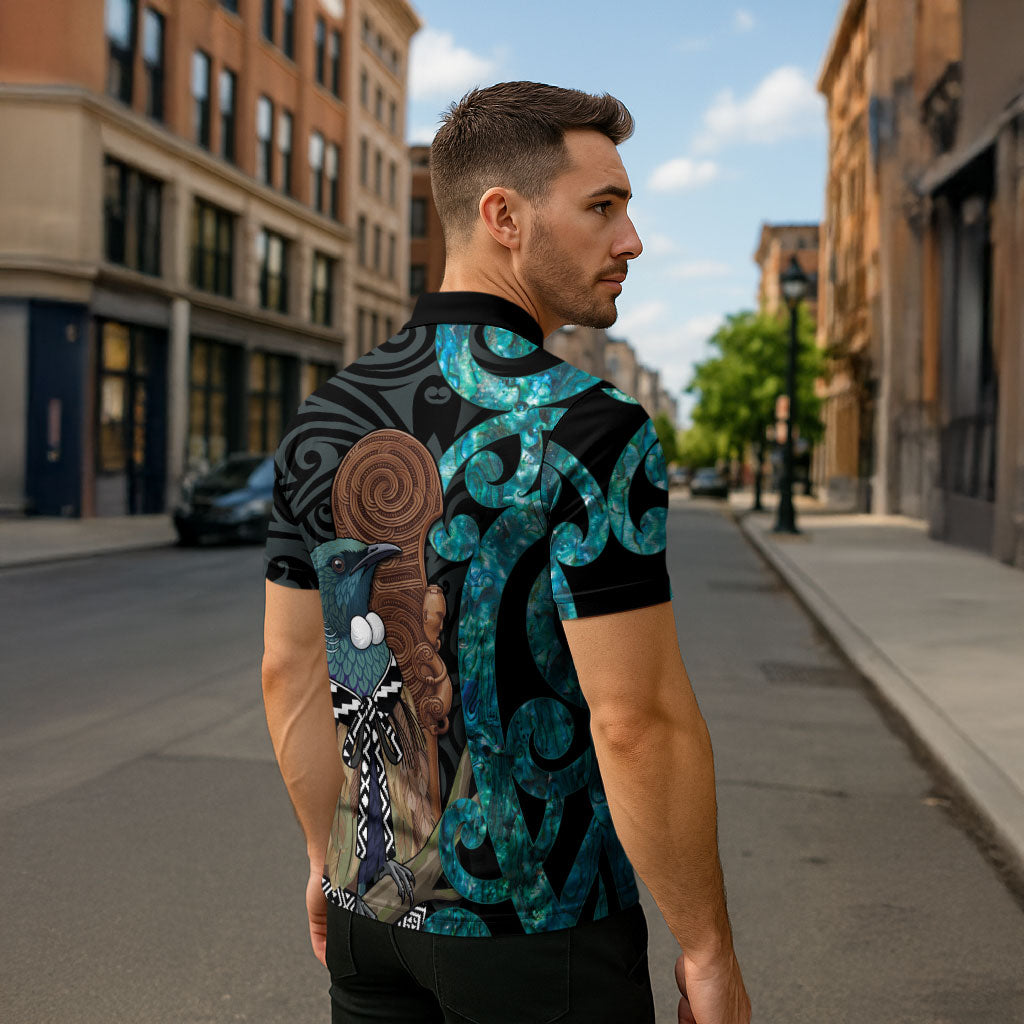 New Zealand Tui Bird Wahaika Zipper Polo Shirt Maori Weapon Paua Shell Koru Pattern