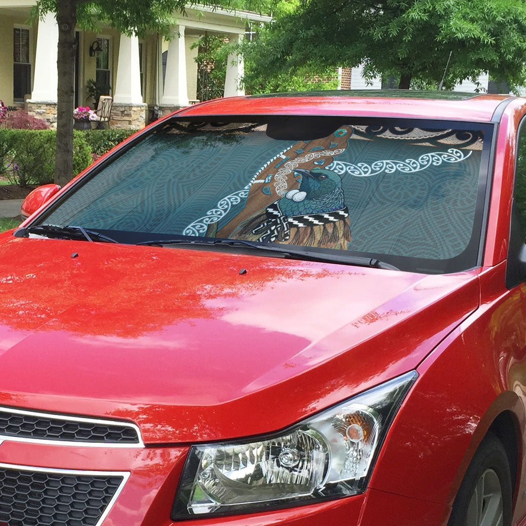 New Zealand Tui Bird Maripi Auto Sun Shade Maori Weapon Kowhaiwhai Pattern