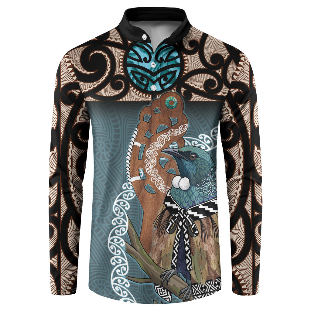 New Zealand Tui Bird Maripi Button Sweatshirt Maori Weapon Kowhaiwhai Pattern