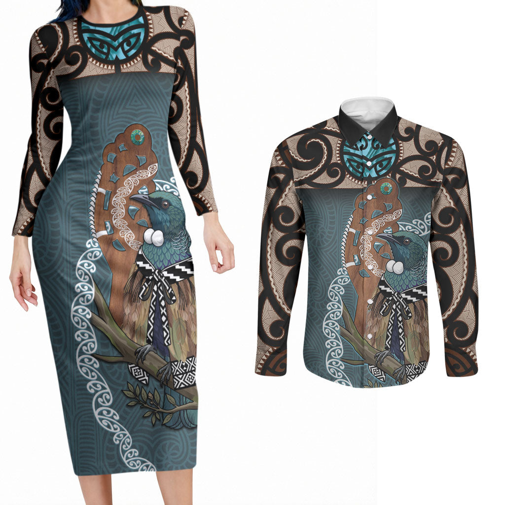 New Zealand Tui Bird Maripi Couples Matching Long Sleeve Bodycon Dress and Long Sleeve Button Shirt Maori Weapon Kowhaiwhai Pattern LT22 Slate Blue - Polynesian Pride
