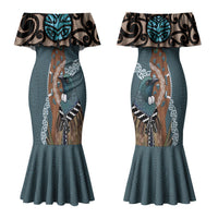 New Zealand Tui Bird Maripi Couples Matching Mermaid Dress and Long Sleeve Button Shirt Maori Weapon Kowhaiwhai Pattern