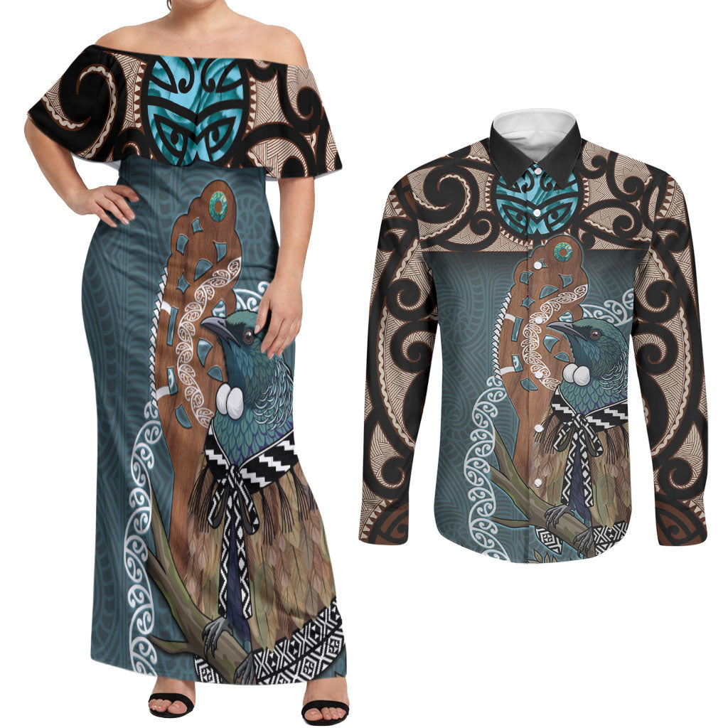 New Zealand Tui Bird Maripi Couples Matching Off Shoulder Maxi Dress and Long Sleeve Button Shirt Maori Weapon Kowhaiwhai Pattern