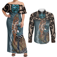 New Zealand Tui Bird Maripi Couples Matching Off Shoulder Maxi Dress and Long Sleeve Button Shirt Maori Weapon Kowhaiwhai Pattern