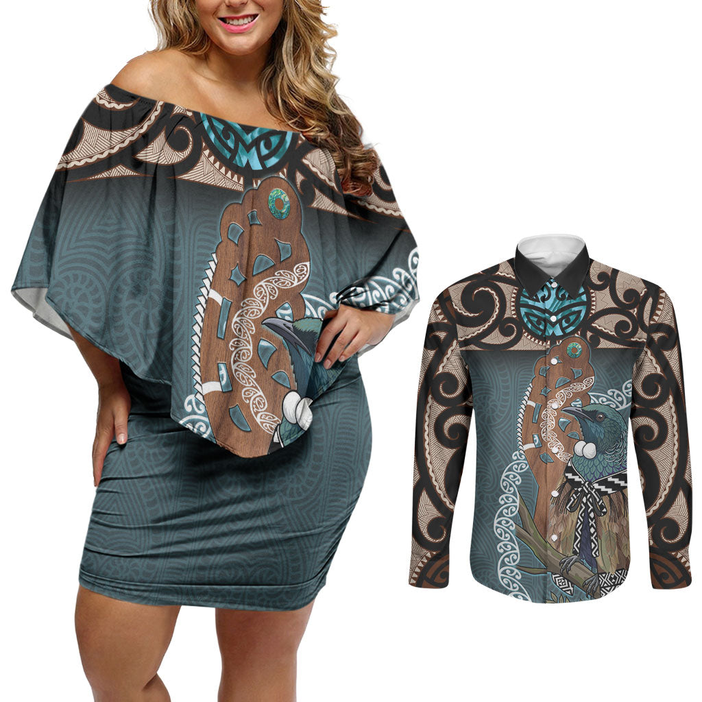 New Zealand Tui Bird Maripi Couples Matching Off Shoulder Short Dress and Long Sleeve Button Shirt Maori Weapon Kowhaiwhai Pattern