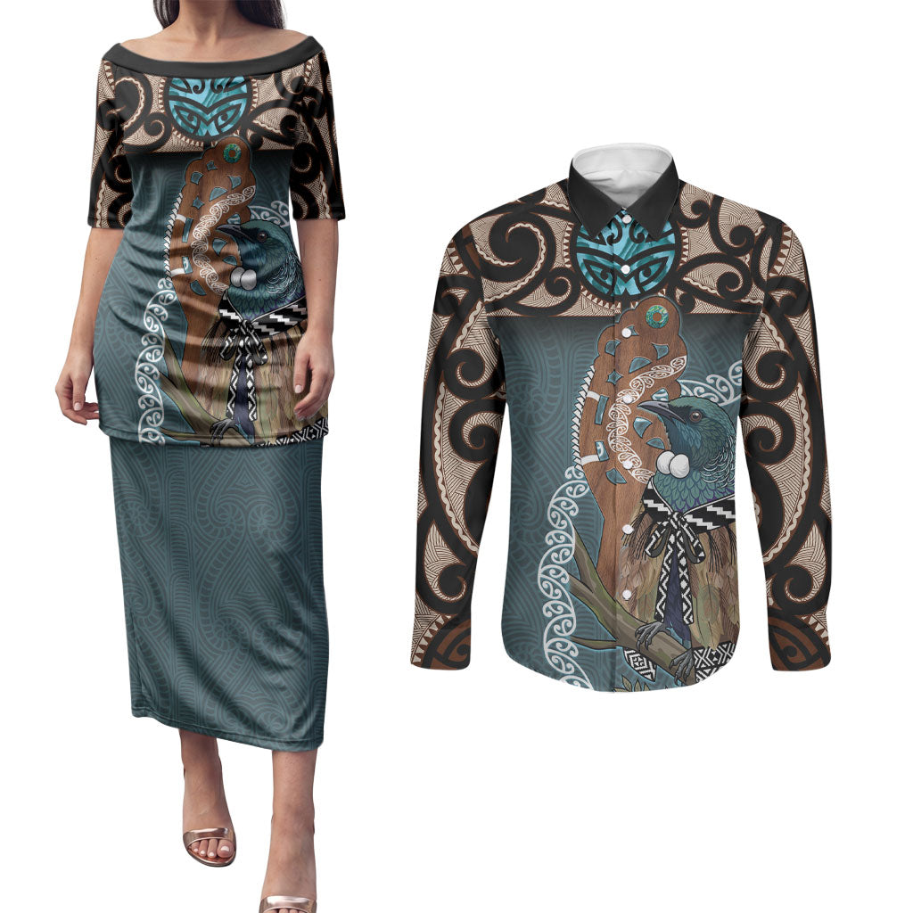 New Zealand Tui Bird Maripi Couples Matching Puletasi and Long Sleeve Button Shirt Maori Weapon Kowhaiwhai Pattern