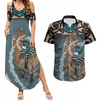 New Zealand Tui Bird Maripi Couples Matching Summer Maxi Dress and Hawaiian Shirt Maori Weapon Kowhaiwhai Pattern