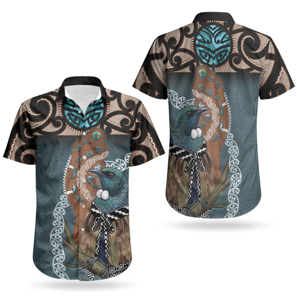 New Zealand Tui Bird Maripi Couples Matching Summer Maxi Dress and Hawaiian Shirt Maori Weapon Kowhaiwhai Pattern