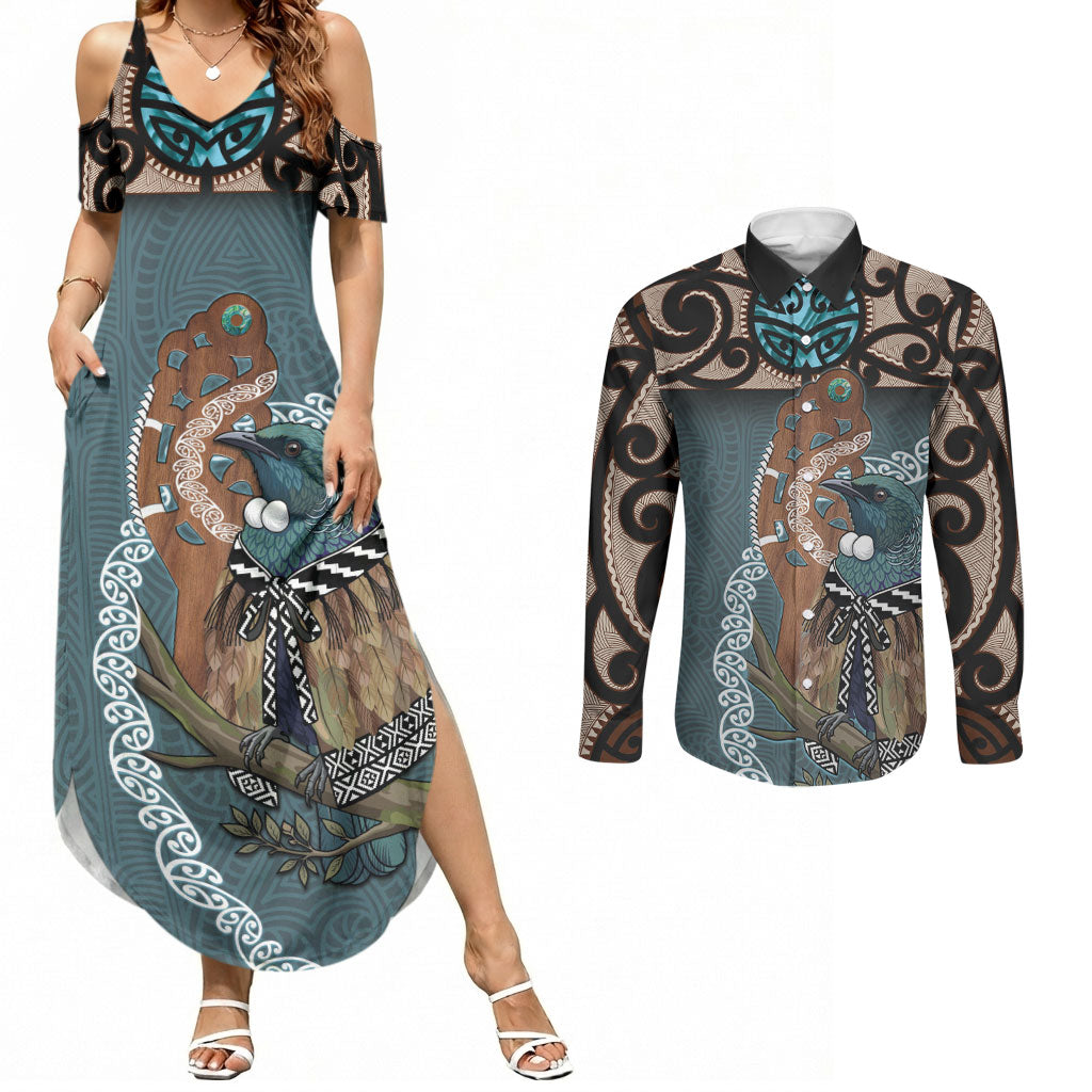 New Zealand Tui Bird Maripi Couples Matching Summer Maxi Dress and Long Sleeve Button Shirt Maori Weapon Kowhaiwhai Pattern