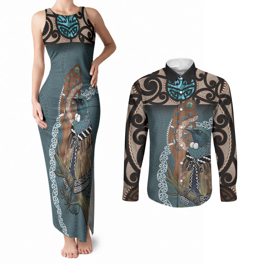 New Zealand Tui Bird Maripi Couples Matching Tank Maxi Dress and Long Sleeve Button Shirt Maori Weapon Kowhaiwhai Pattern