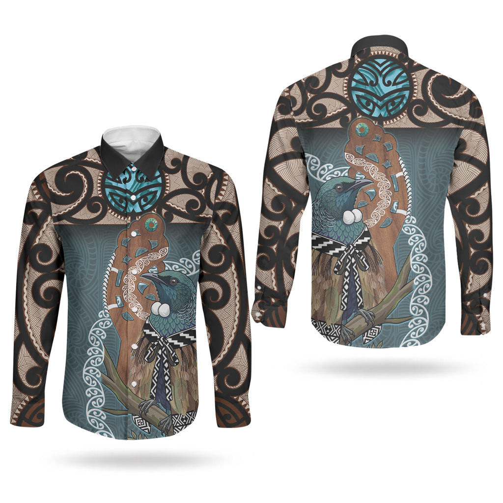 New Zealand Tui Bird Maripi Couples Matching Tank Maxi Dress and Long Sleeve Button Shirt Maori Weapon Kowhaiwhai Pattern