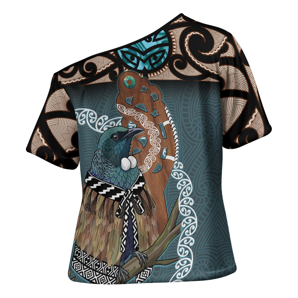 New Zealand Tui Bird Maripi Cross Shoulder Shirt Maori Weapon Kowhaiwhai Pattern