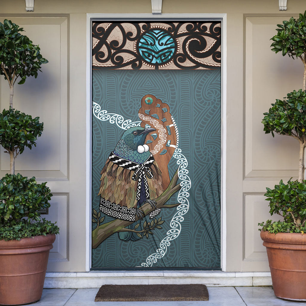 New Zealand Tui Bird Maripi Door Cover Maori Weapon Kowhaiwhai Pattern