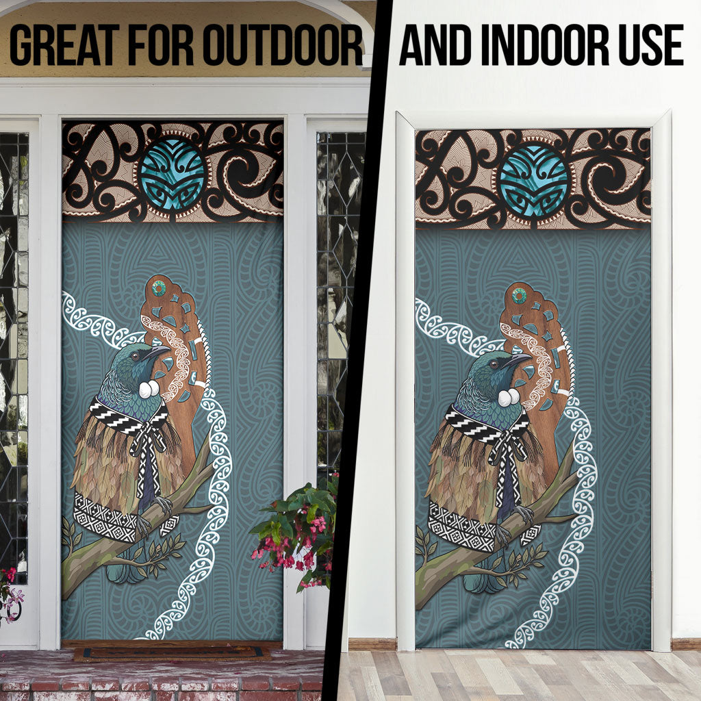 New Zealand Tui Bird Maripi Door Cover Maori Weapon Kowhaiwhai Pattern