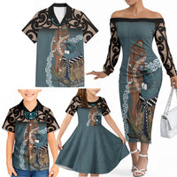 New Zealand Tui Bird Maripi Family Matching Off The Shoulder Long Sleeve Dress and Hawaiian Shirt Maori Weapon Kowhaiwhai Pattern