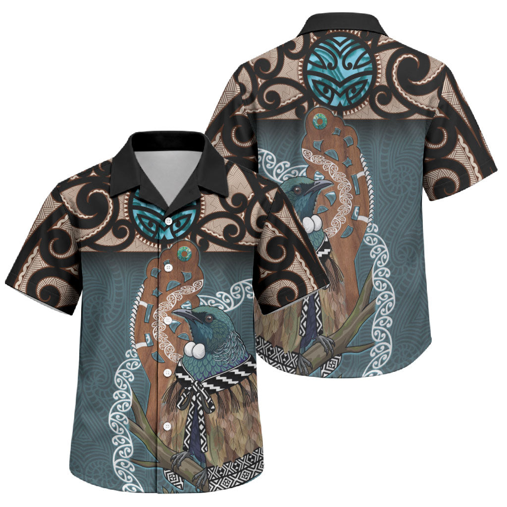 New Zealand Tui Bird Maripi Family Matching Off Shoulder Short Dress and Hawaiian Shirt Maori Weapon Kowhaiwhai Pattern