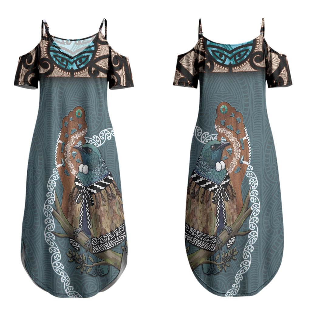 New Zealand Tui Bird Maripi Family Matching Summer Maxi Dress and Hawaiian Shirt Maori Weapon Kowhaiwhai Pattern