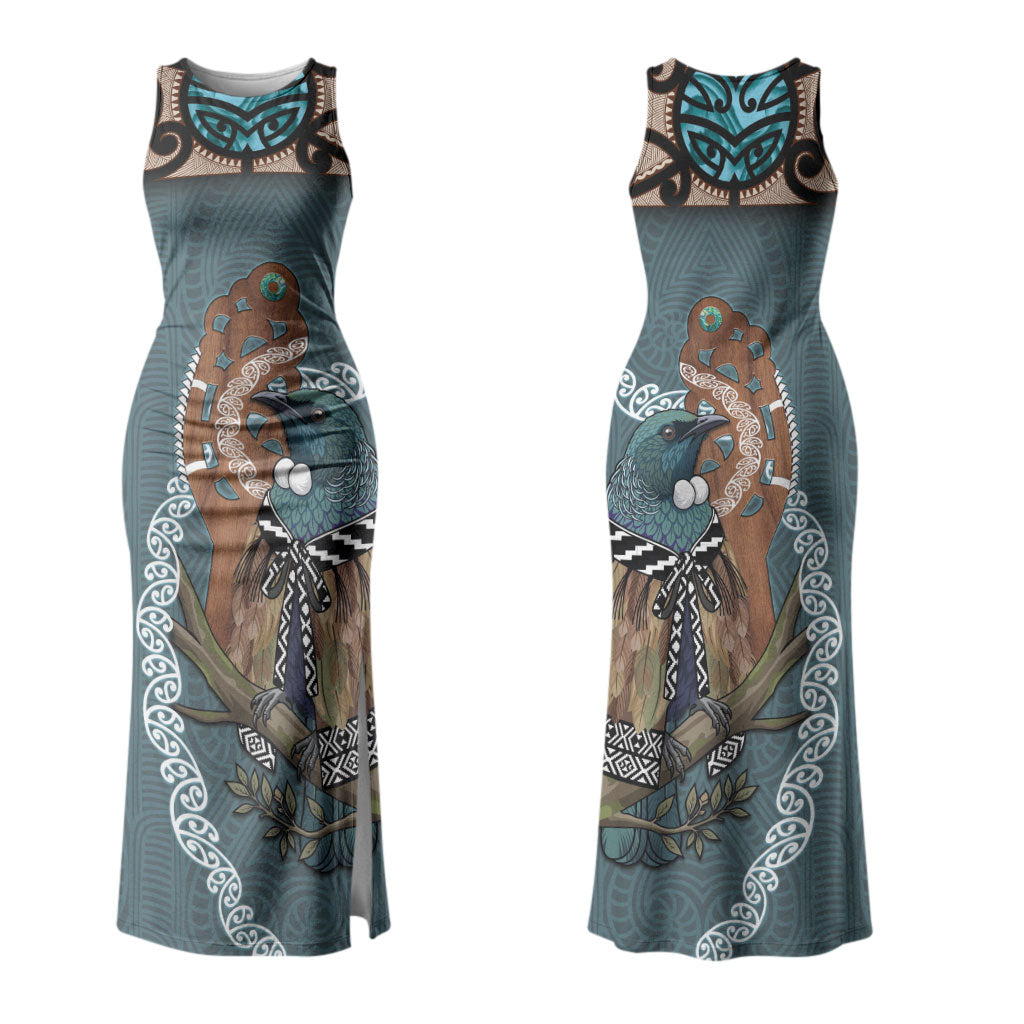 New Zealand Tui Bird Maripi Family Matching Tank Maxi Dress and Hawaiian Shirt Maori Weapon Kowhaiwhai Pattern