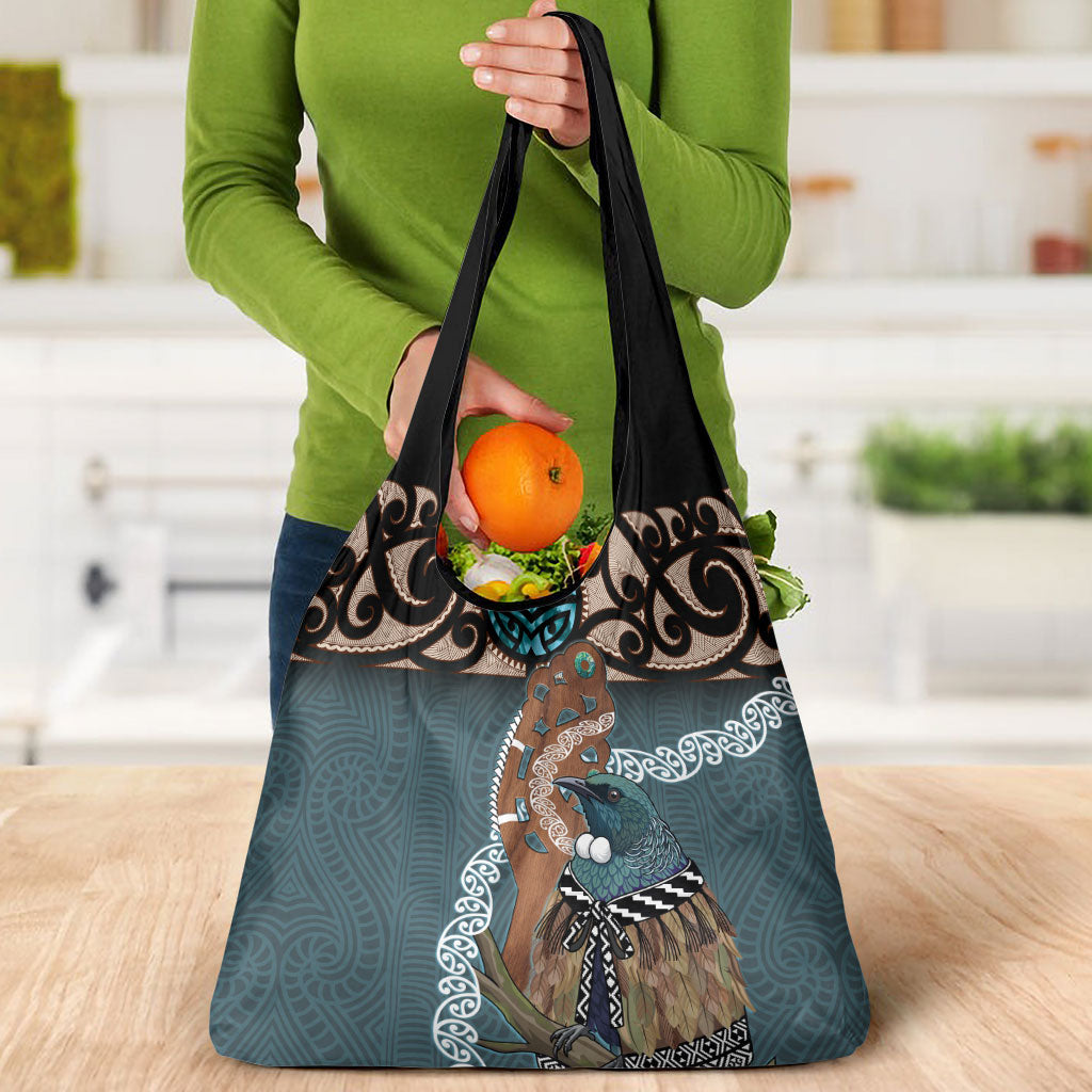 New Zealand Tui Bird Maripi Grocery Bag Maori Weapon Kowhaiwhai Pattern