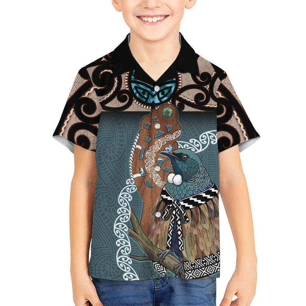 New Zealand Tui Bird Maripi Kid Hawaiian Shirt Maori Weapon Kowhaiwhai Pattern