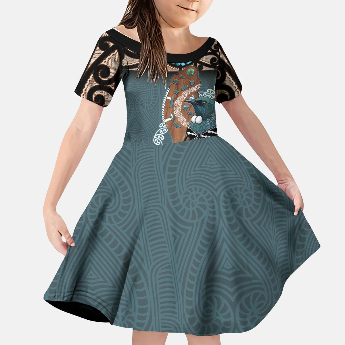 New Zealand Tui Bird Maripi Kid Short Sleeve Dress Maori Weapon Kowhaiwhai Pattern