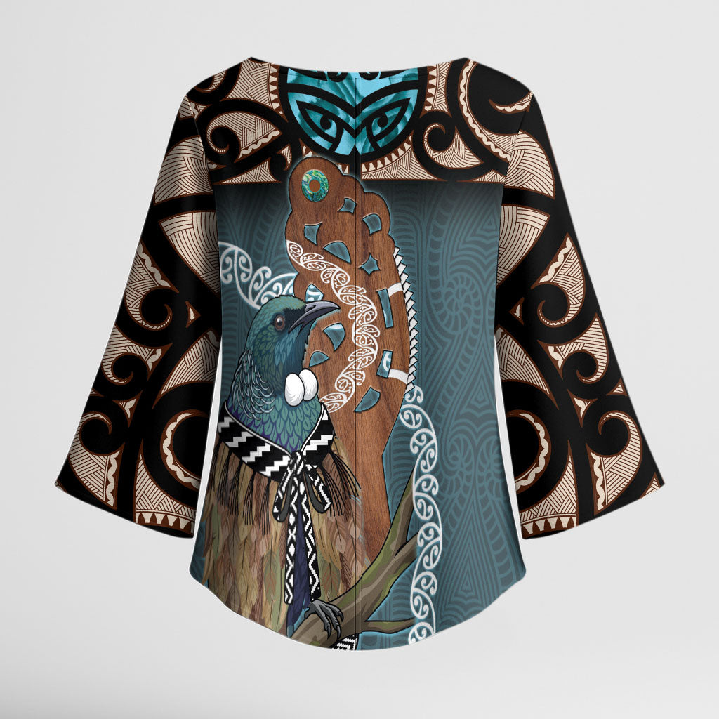 New Zealand Tui Bird Maripi Kimono Sleeve Blouse Maori Weapon Kowhaiwhai Pattern