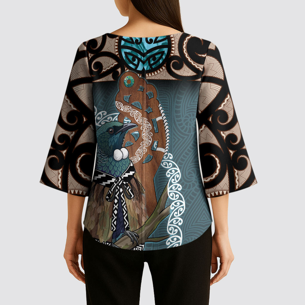 New Zealand Tui Bird Maripi Kimono Sleeve Blouse Maori Weapon Kowhaiwhai Pattern