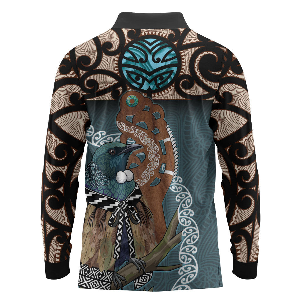 New Zealand Tui Bird Maripi Long Sleeve Polo Shirt Maori Weapon Kowhaiwhai Pattern