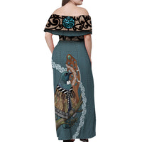 New Zealand Tui Bird Maripi Off Shoulder Maxi Dress Maori Weapon Kowhaiwhai Pattern
