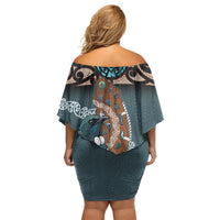 New Zealand Tui Bird Maripi Off Shoulder Short Dress Maori Weapon Kowhaiwhai Pattern