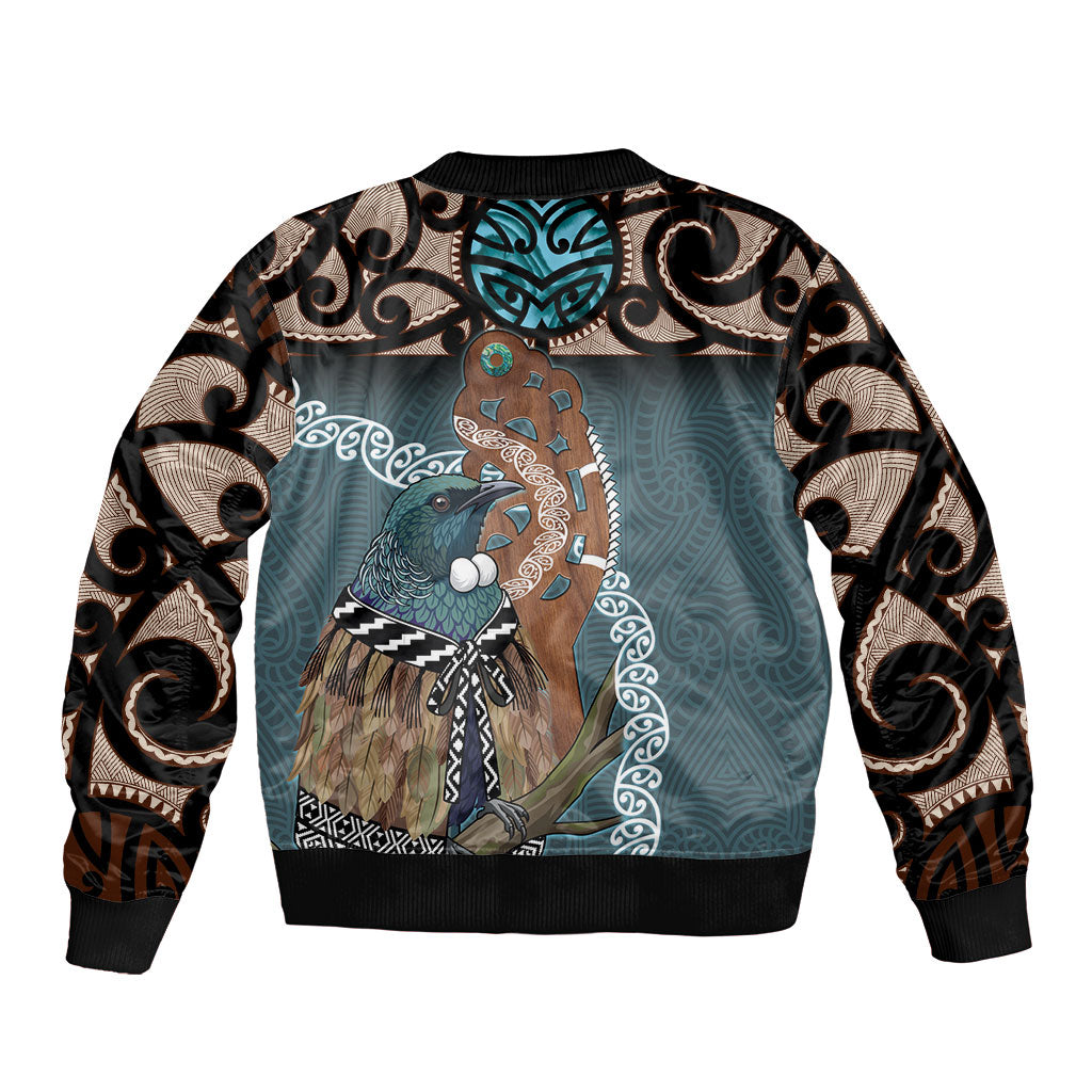 New Zealand Tui Bird Maripi Sleeve Zip Bomber Jacket Maori Weapon Kowhaiwhai Pattern
