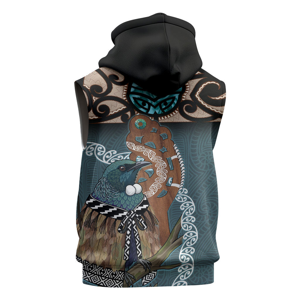 New Zealand Tui Bird Maripi Sleeveless Hoodie Maori Weapon Kowhaiwhai Pattern