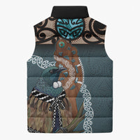 New Zealand Tui Bird Maripi Sleeveless Puffer Jacket Maori Weapon Kowhaiwhai Pattern