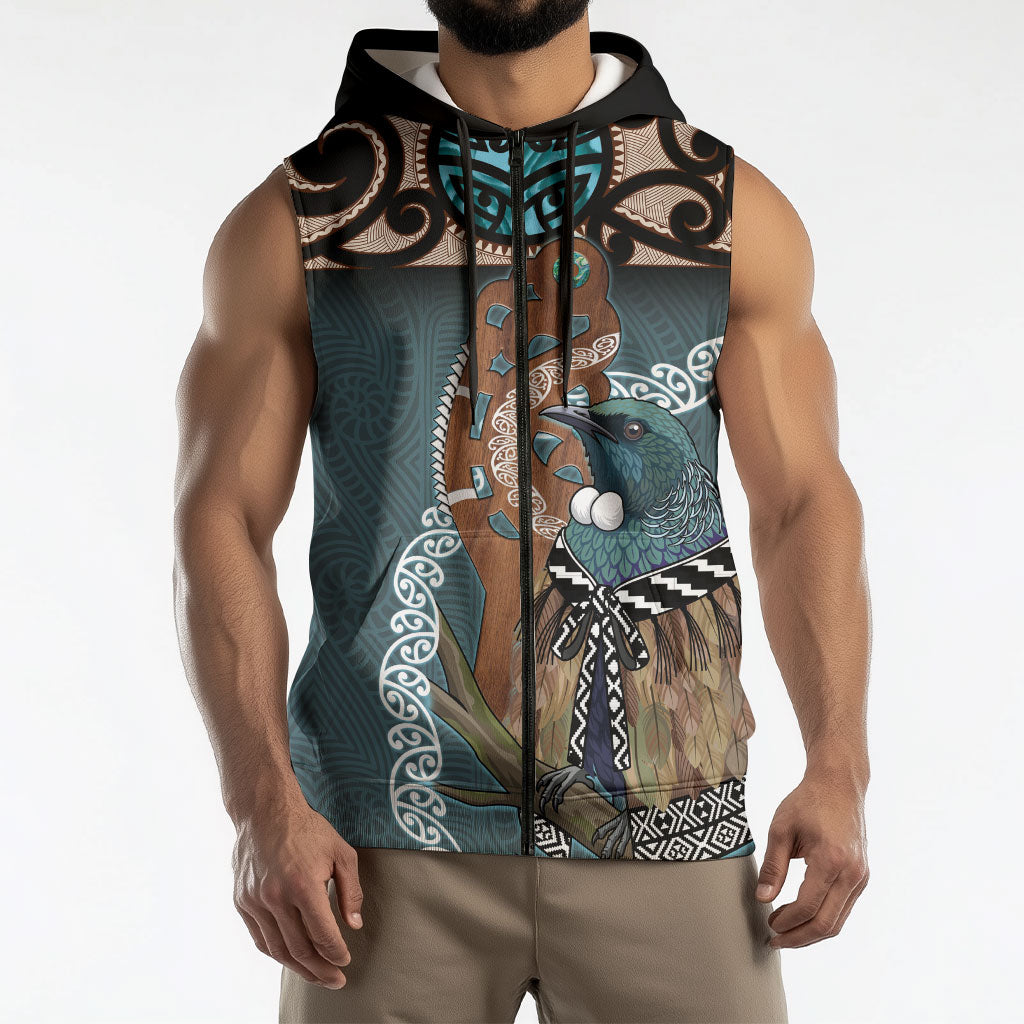 New Zealand Tui Bird Maripi Sleeveless Zip Hoodie Maori Weapon Kowhaiwhai Pattern
