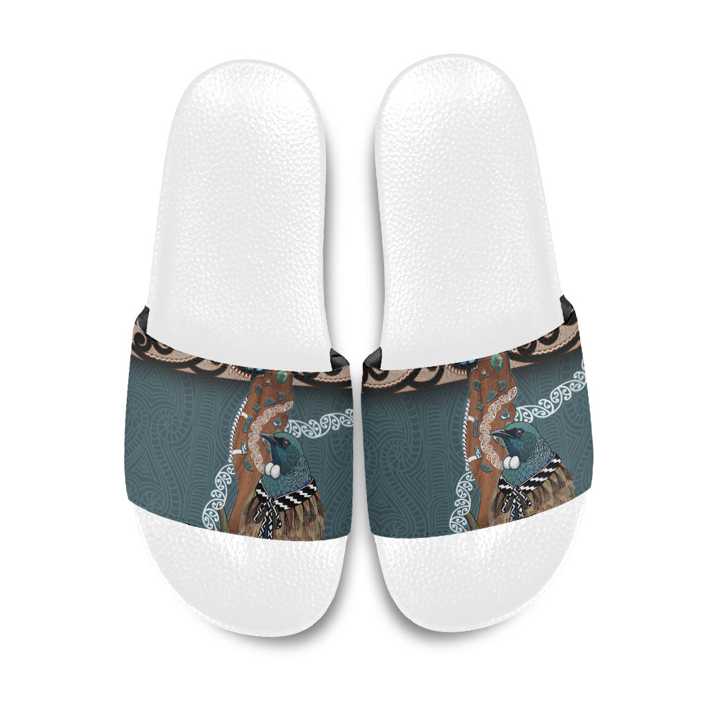 New Zealand Tui Bird Maripi Slide Sandals Maori Weapon Kowhaiwhai Pattern