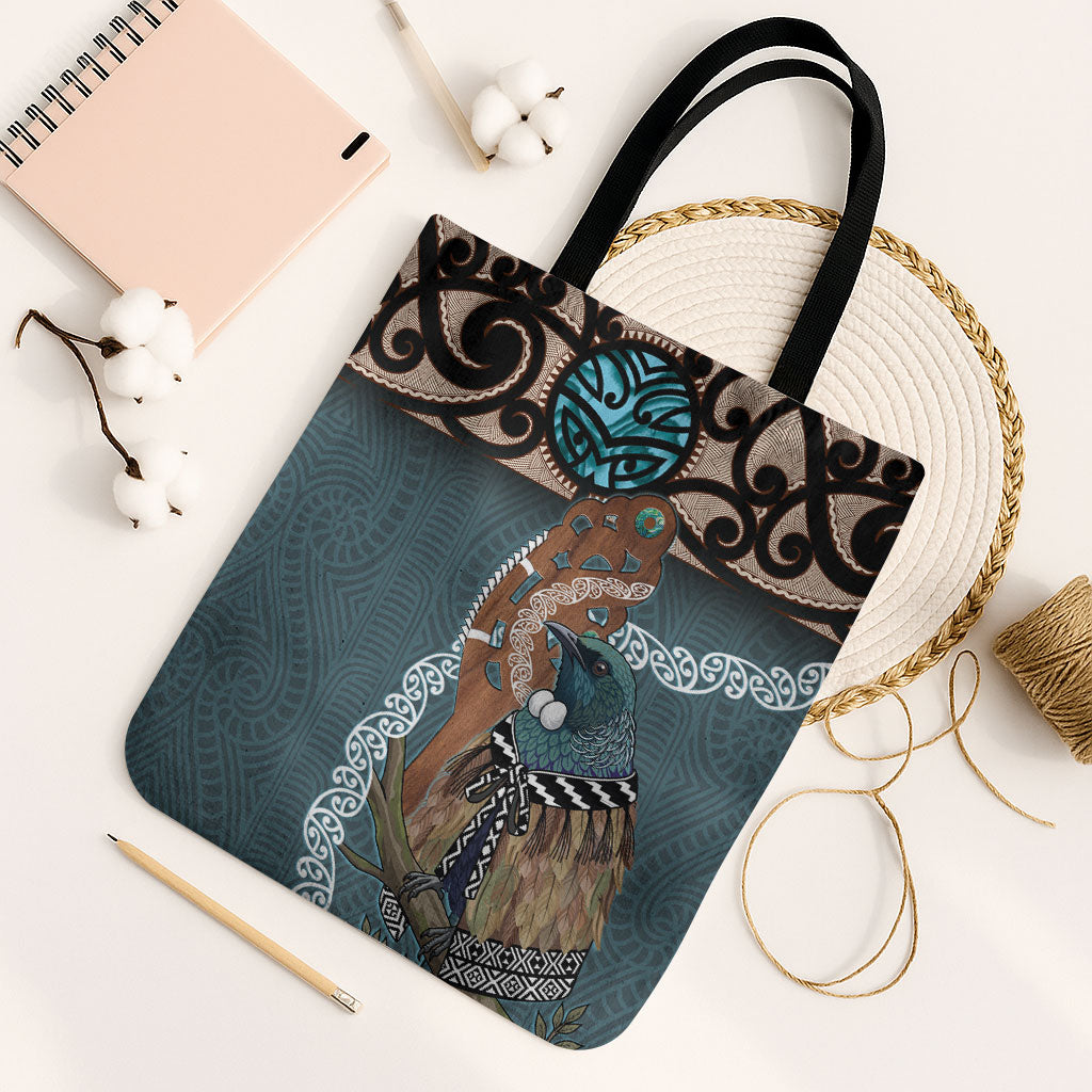 New Zealand Tui Bird Maripi Tote Bag Maori Weapon Kowhaiwhai Pattern